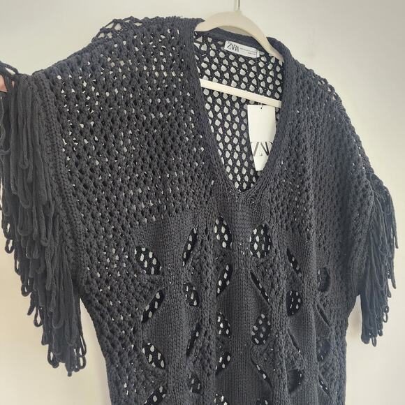 Zara Black Knit Top with Long Black Fringe Small - Medium - Picture 7 of 8